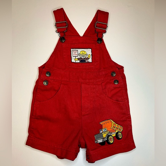 Vintage 1990s Toddler Overalls 12 Months Red Shortalls Construction Theme Cotton - Picture 1 of 10